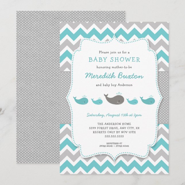 Invitation au baby shower des baleines, sexe neutr (Devant / Derrière)