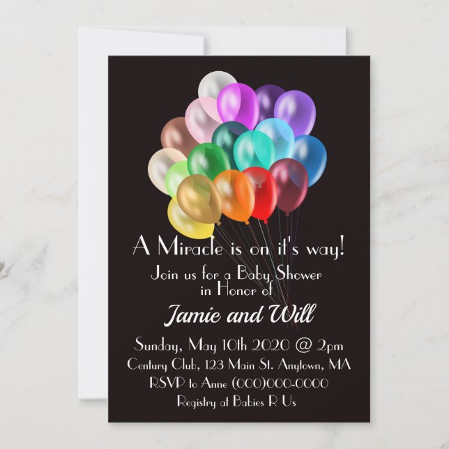 Invitation au Baby shower des ballons arc-en-ciel (Devant)