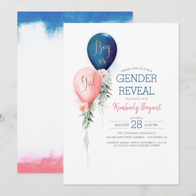 Invitation au Baby shower des ballons de révélatio (Devant / Derrière)