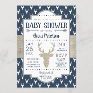 Invitation au Baby shower des bois, Marine, Burlap