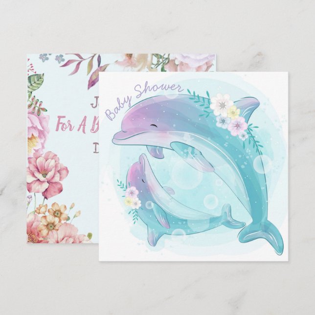 Invitation au Baby shower des dauphins (Devant / Derrière)