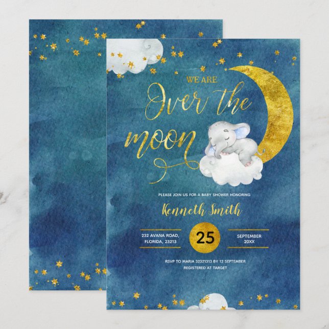 Invitation au Baby shower des éléphants de la lune (Devant / Derrière)