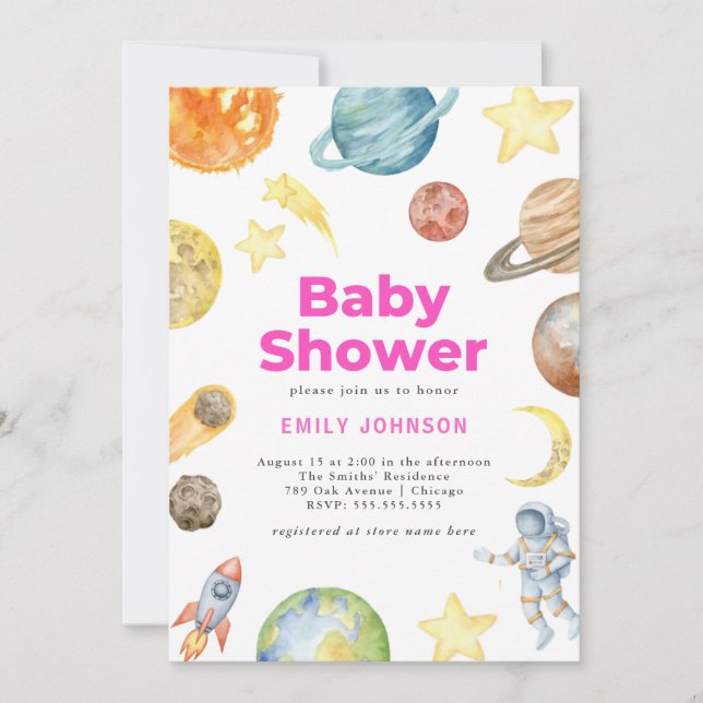 Invitation au Baby shower des filles de l'espace e (Devant)