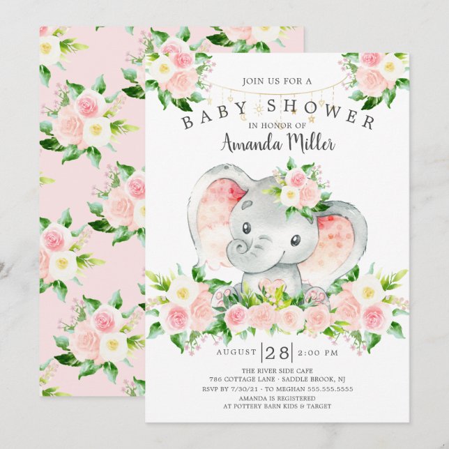 Invitation au Baby shower des filles d'éléphants d (Devant / Derrière)