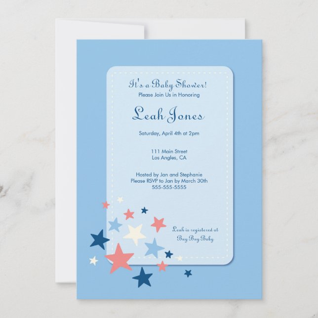 Invitation au Baby shower des Garçons Blue Stars (Devant)