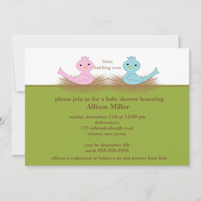 Invitation au Baby shower des oiseaux de bébés TWI (Devant)