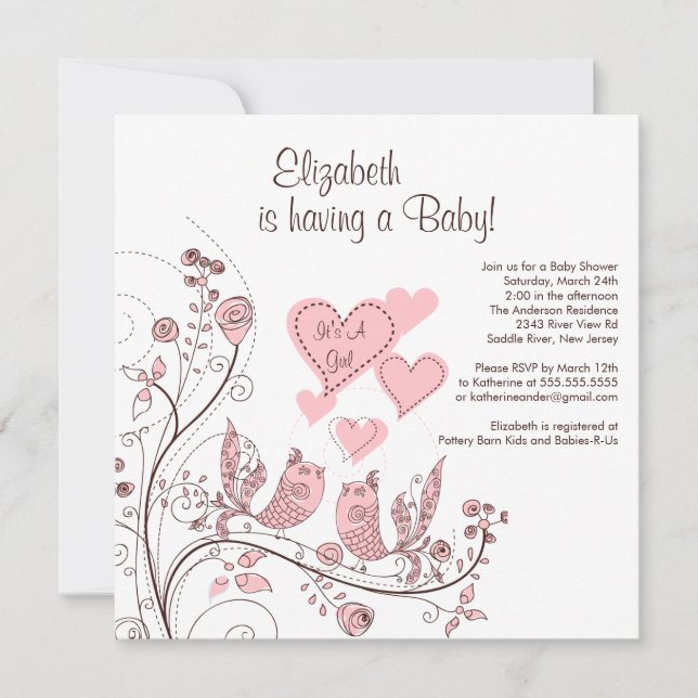 Invitation au Baby shower des oiseaux et des coeur (Devant)