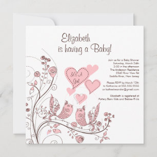 Invitation au Baby shower des oiseaux et des coeur