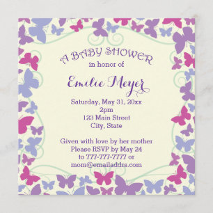 Invitation au Baby shower des papillons pourpres