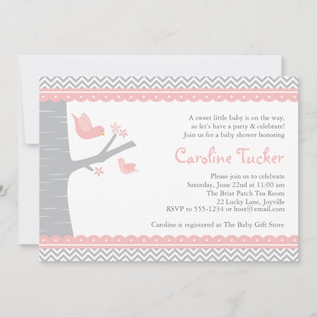 Invitation au Baby shower des petits oiseaux - ros (Devant)