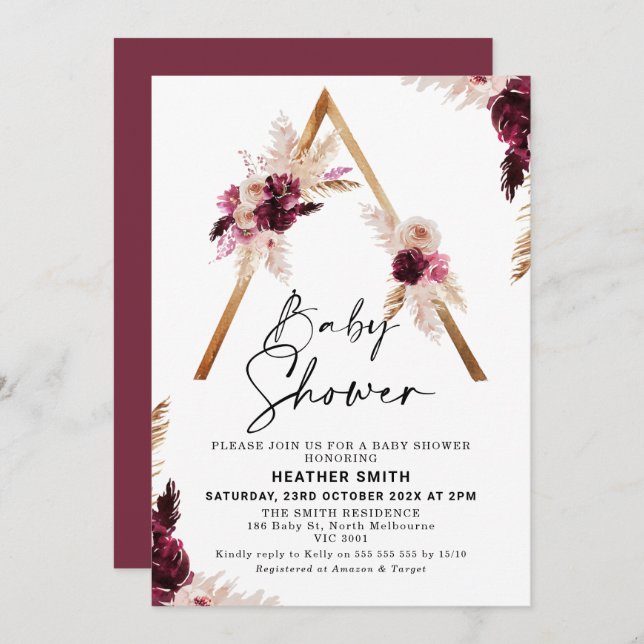 Invitation au Baby shower d'herbe Maroon Boho Pamp (Devant / Derrière)