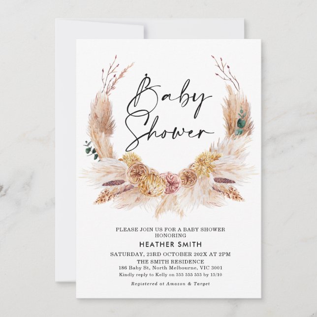 Invitation au Baby shower d'herbe Pampas Boho Rose (Devant)