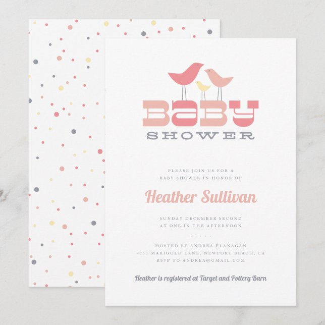 Invitation au Baby shower d'oiseaux - rose (Devant / Derrière)