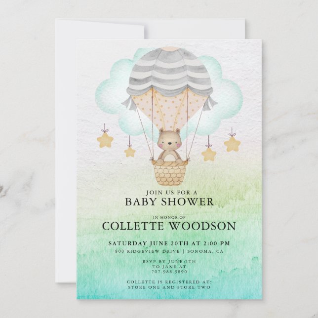 Invitation au Baby shower d'ours à ballon à air ch (Devant)