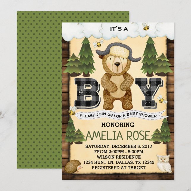 Invitation au Baby shower d'ours de bûcheron de bo (Devant / Derrière)