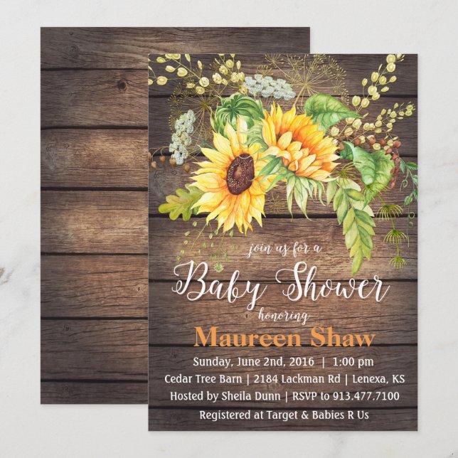 Invitation au Baby shower du bois de tournesol (Devant / Derrière)