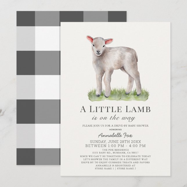Invitation au Baby shower du petit agneau (Devant / Derrière)