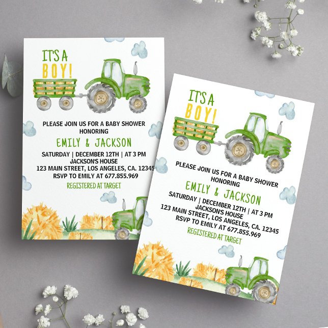 Invitation au Baby shower du Tracteur vert (Créateur téléchargé)