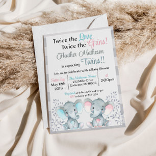 Invitation au Baby shower Eléphant Twin