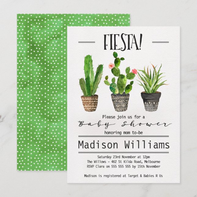 Invitation au Baby shower Fiesta Cactus (Devant / Derrière)