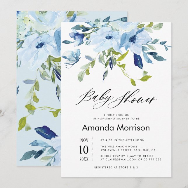 invitation au baby shower floral bleu aquarelle (Devant / Derrière)