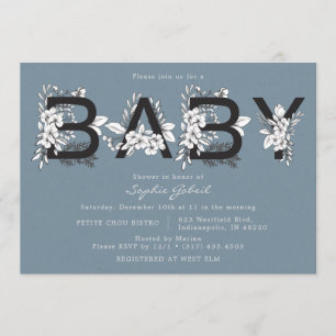 Invitation au Baby shower floral bleu Dusty