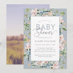 Invitation au Baby shower floral bleu Dusty