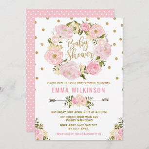 Invitation au Baby shower Floral Boho rose & Gold