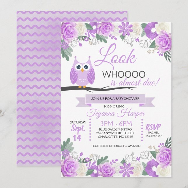 Invitation au Baby shower Floral de Chouette pourp (Devant / Derrière)