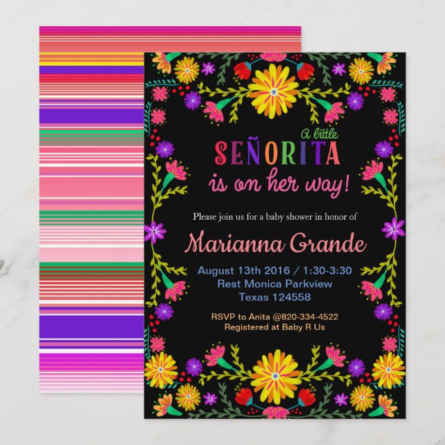 Invitation au Baby shower floral de Senorita Fiest (Devant / Derrière)