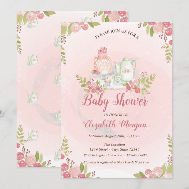 Invitation au Baby shower floral de théière classi (Devant / Derrière)