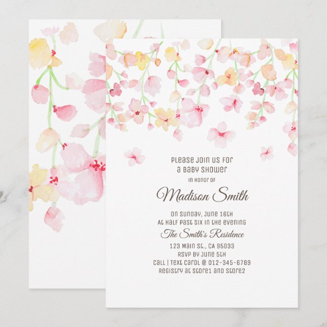 Invitation au Baby shower floral en fleurs de ceri (Devant / Derrière)
