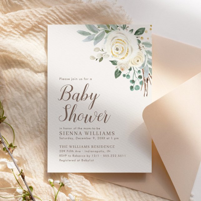 Invitation au Baby shower floral en hiver blanc (Créateur téléchargé)