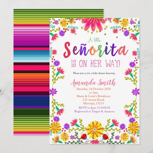 Invitation au Baby shower floral Fiesta (Devant / Derrière)