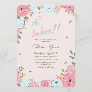 Invitation au Baby shower floral rose et bleu