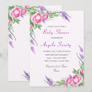 Invitation au Baby shower Floral Rose violet