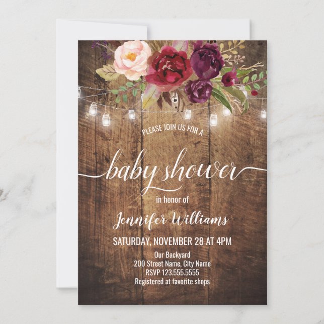 Invitation au Baby shower floral rustique (Devant)