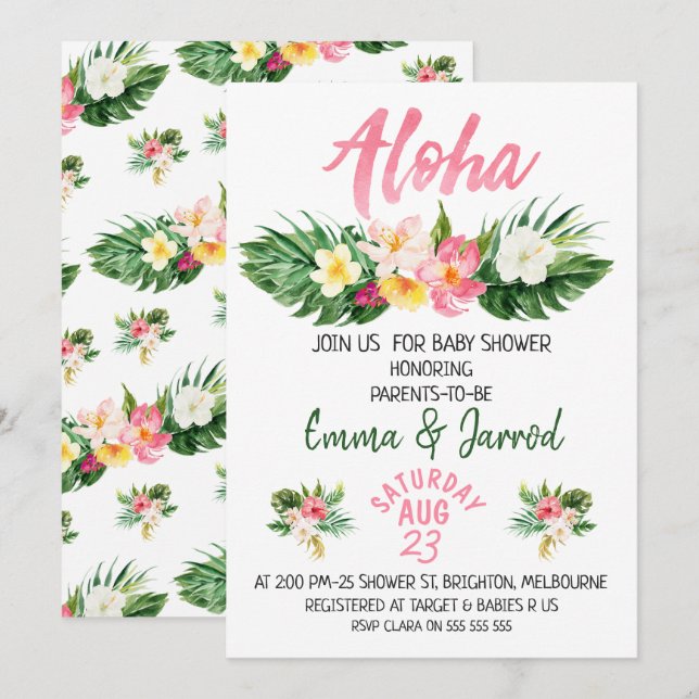 Invitation au Baby shower floral tropical des fill (Devant / Derrière)