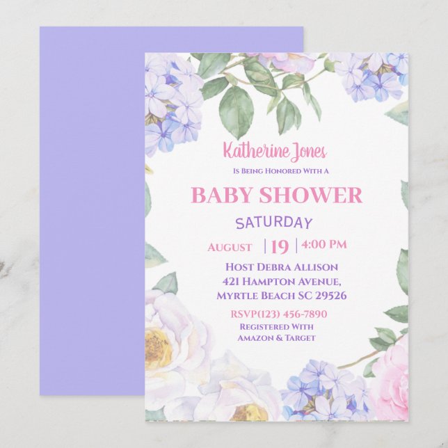 Invitation au Baby shower Floral Violet (Devant / Derrière)