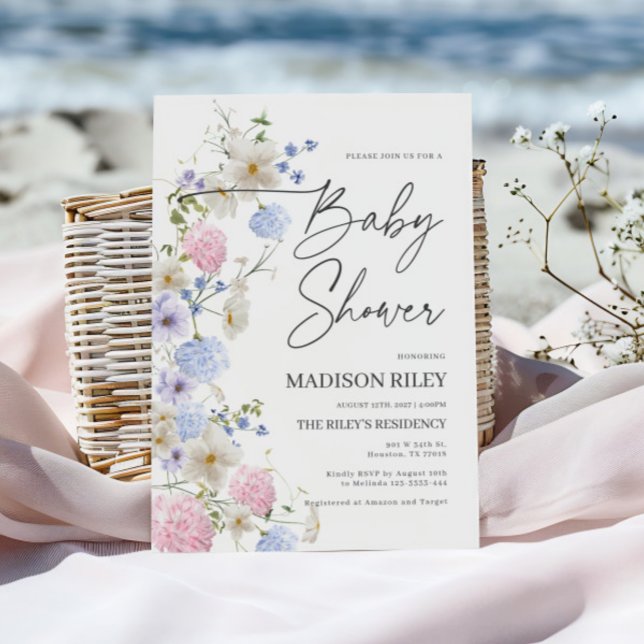 Invitation au Baby shower floral | Violet et rose (Créateur téléchargé)