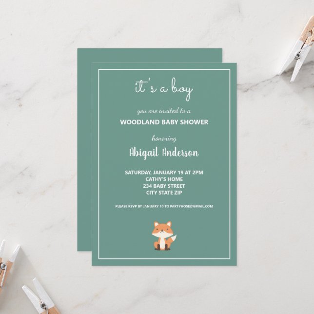 Invitation au Baby shower forestier de Fox de bois (Devant/Arrière en situation)