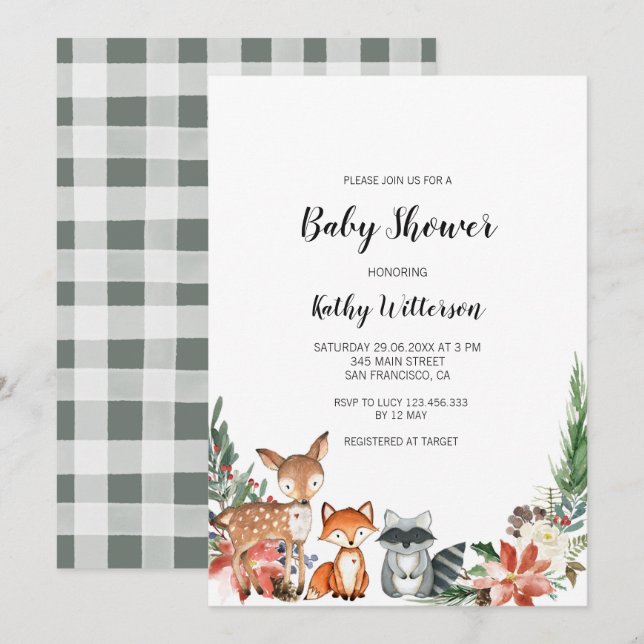 Invitation au Baby shower forestier d'hiver (Devant / Derrière)