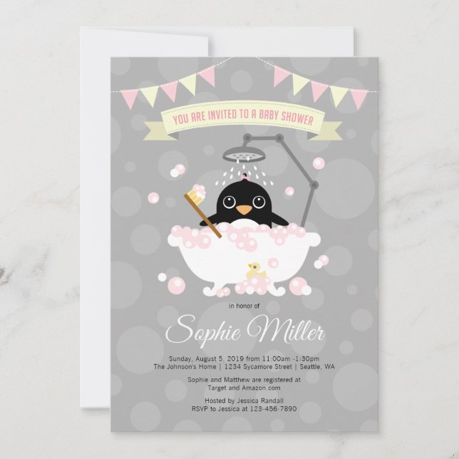 Invitation au Baby shower Girl Penguin (Devant)