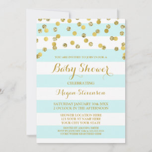 Invitation au Baby shower Gold Confetti Blue Strip