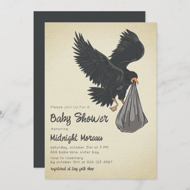 Invitation au Baby shower gothique du Corbeau (Devant / Derrière)