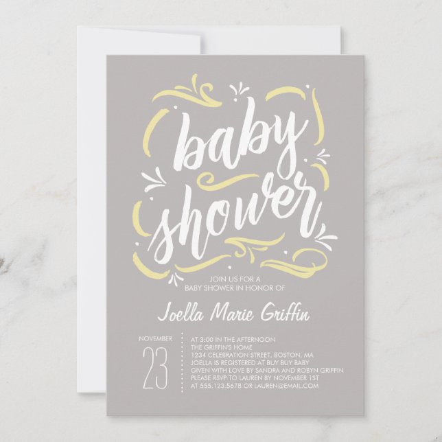 Invitation au Baby shower gris et jaune (Devant)