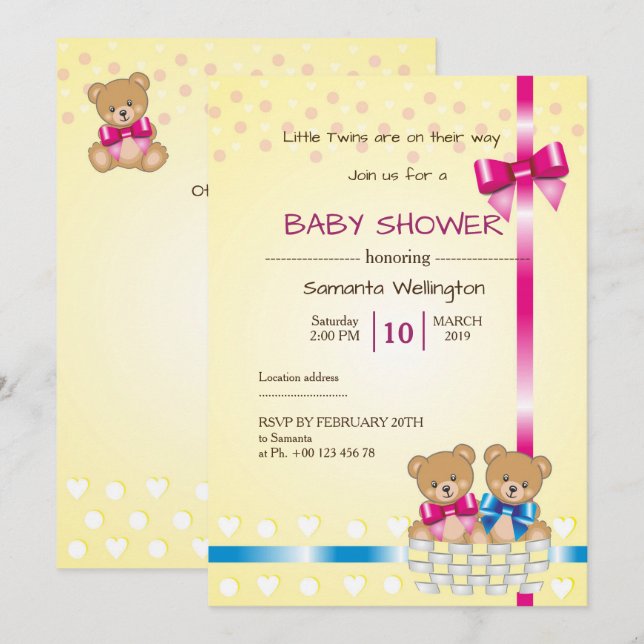 invitation au baby shower, il y a des jumeaux (Devant / Derrière)