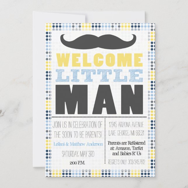 Invitation au Baby shower Little Man Mustache (Devant)