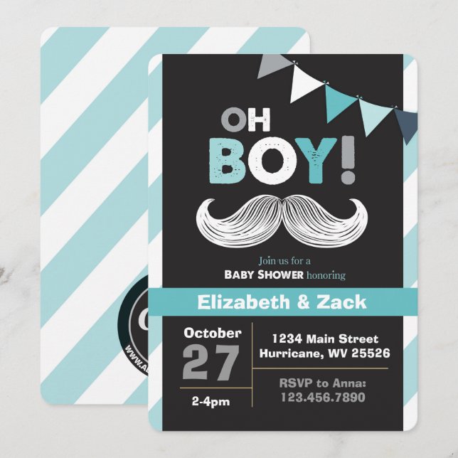 Invitation au Baby shower Little Man Mustache (Devant / Derrière)