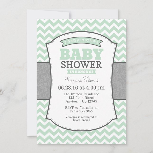 Invitation au Baby shower Mint Green Gray Chevron (Devant)